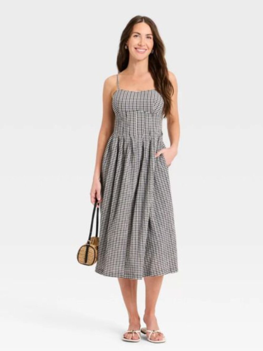 A New Day Women's Textured Corset Midi Dress, Black Gingham